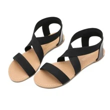Women's Elastic Ankle Strap Flat Sandals Summer Dressy Shoes Cute Strappy Gladiator Sandals - 黑色 - 查看 1