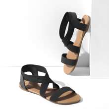 Women's Elastic Ankle Strap Flat Sandals Summer Dressy Shoes Cute Strappy Gladiator Sandals - 黑色 - 查看 3