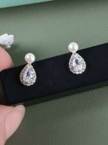 BALMORA 1對簡約風格S925銀鍍金珍珠耳釘，優雅鋯石，高端設計耳飾 - 銀色 - 查看 5