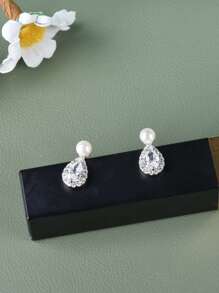 BALMORA 1對簡約風格S925銀鍍金珍珠耳釘，優雅鋯石，高端設計耳飾 - 銀色 - 查看 7