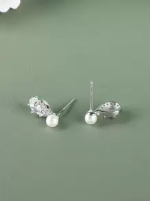 BALMORA 1對簡約風格S925銀鍍金珍珠耳釘，優雅鋯石，高端設計耳飾 - 銀色 - 查看 6