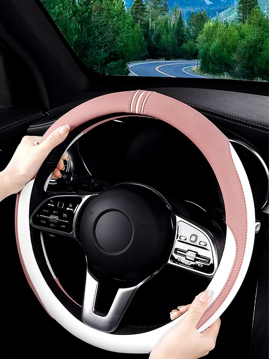 防滑雙色PU皮革汽車方向盤套 - 粉色 - 查看 1