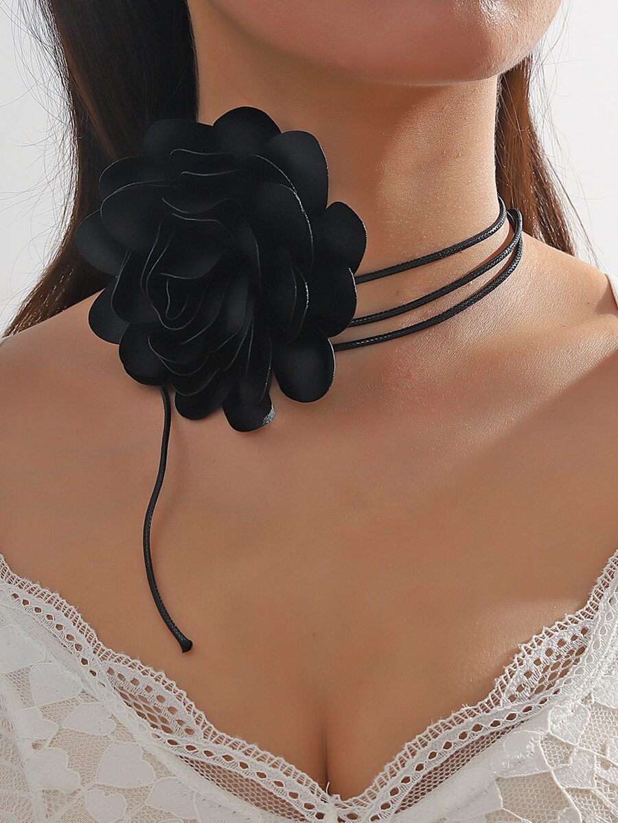 花朵裝飾頸鏈 - 黑色 - 查看 1
