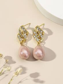 1 对奢华粉色水滴水钻和人造珍珠吊坠耳环 - 彩色 - 查看 4