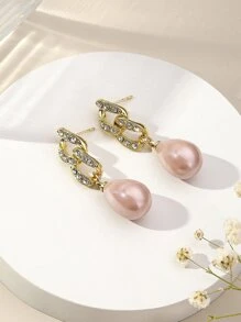 1 对奢华粉色水滴水钻和人造珍珠吊坠耳环 - 彩色 - 查看 2