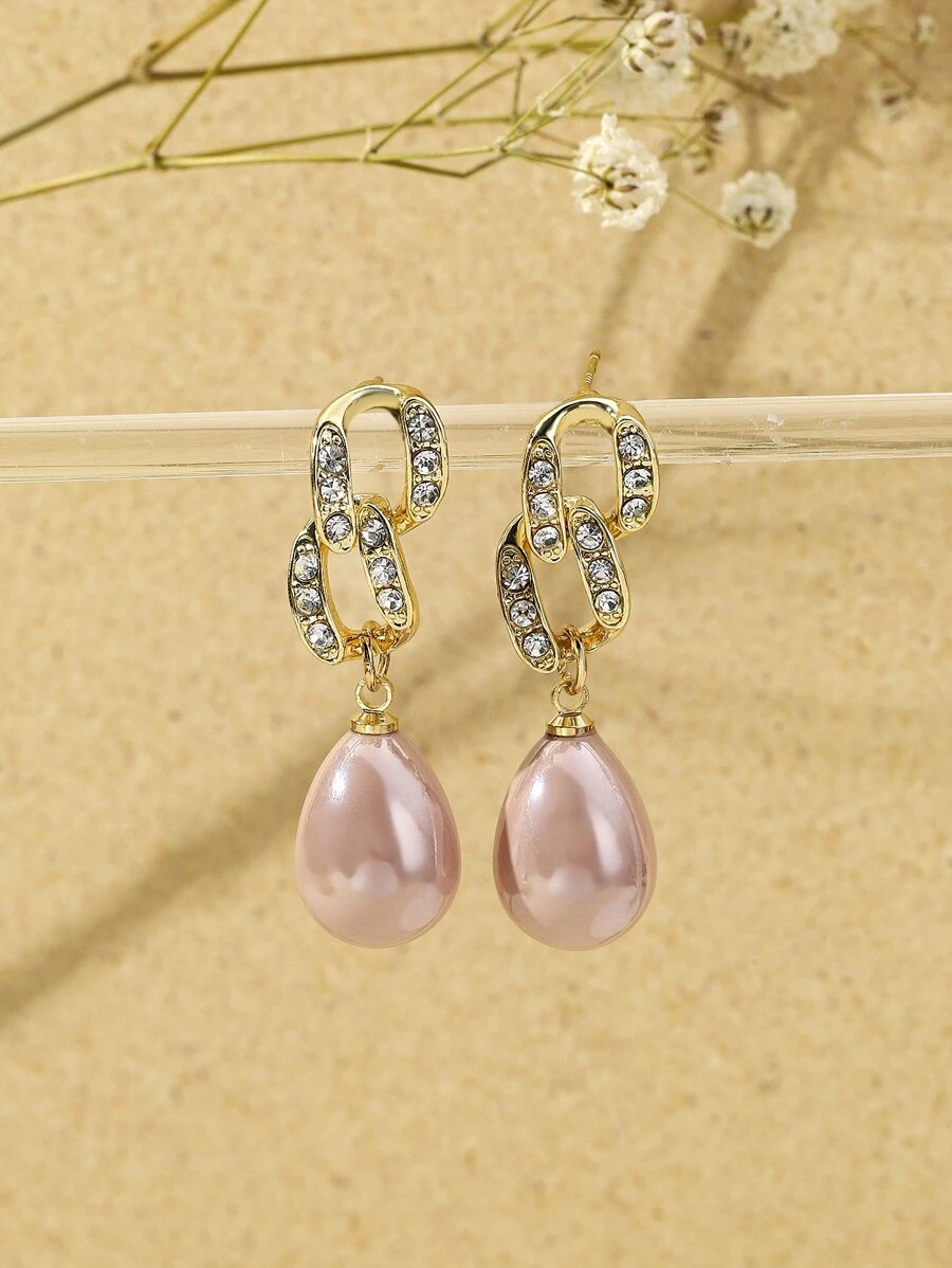 1 对奢华粉色水滴水钻和人造珍珠吊坠耳环 - 彩色 - 查看 1