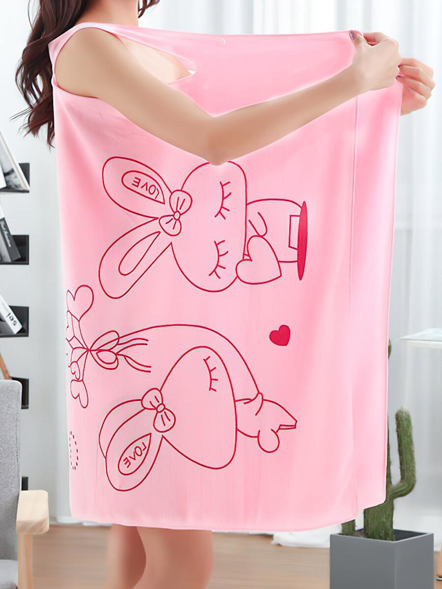 1pc Cartoon Rabbit Print Sleeveless Bathrobe, Soft, Absorbent, Thick, Edged Spa Bath Towel For Shower And Gym Home Bathroom Decor