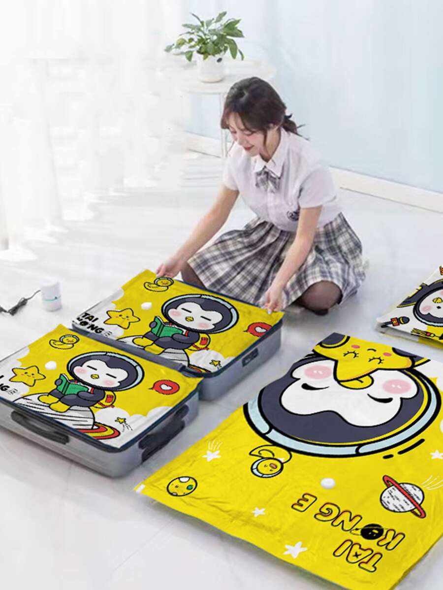 1 Set con patrón de dibujos animados vacío comprimido Bolsa de almacenaje con 1 pieza Bomba de aire manual - Amarillo - Ver 1