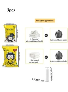 1 Set con patrón de dibujos animados vacío comprimido Bolsa de almacenaje con 1 pieza Bomba de aire manual - Amarillo - Ver 3