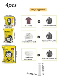 1 Set con patrón de dibujos animados vacío comprimido Bolsa de almacenaje con 1 pieza Bomba de aire manual - Amarillo - Ver 4