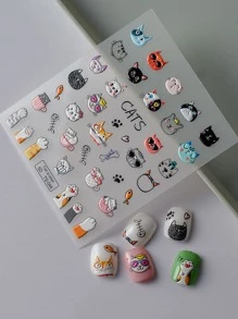 Pegatinas de arte de uñas con diseño de animales de caricatura en relieve 5D, lindo gato en relieve pop para decoración de uñas - Multicolor - Ver 3