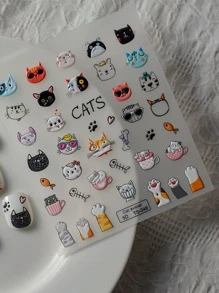 Pegatinas de arte de uñas con diseño de animales de caricatura en relieve 5D, lindo gato en relieve pop para decoración de uñas - Multicolor - Ver 2