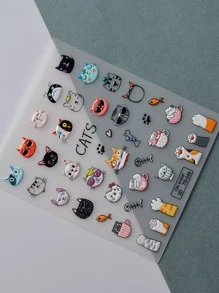 Pegatinas de arte de uñas con diseño de animales de caricatura en relieve 5D, lindo gato en relieve pop para decoración de uñas - Multicolor - Ver 4