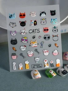 Pegatinas de arte de uñas con diseño de animales de caricatura en relieve 5D, lindo gato en relieve pop para decoración de uñas - Multicolor - Ver 1