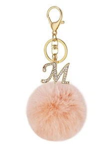 字母 M 毛绒球钥匙扣包包吊坠包包配件包包饰品礼物，毛茸茸的，适合少女、女大学生、冬季必备汽车饰品女士钥匙链饰品 - 粉色 - 查看 1