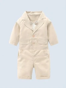 BOARNSEORL 2 件套男婴绅士西装套装：带蝴蝶结的西装外套和裤子，适合生日派对、正式场合、婚礼 - 杏色 - 查看 4