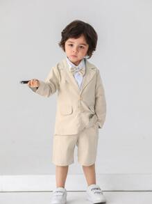 BOARNSEORL 2 件套男婴绅士西装套装：带蝴蝶结的西装外套和裤子，适合生日派对、正式场合、婚礼 - 杏色 - 查看 1