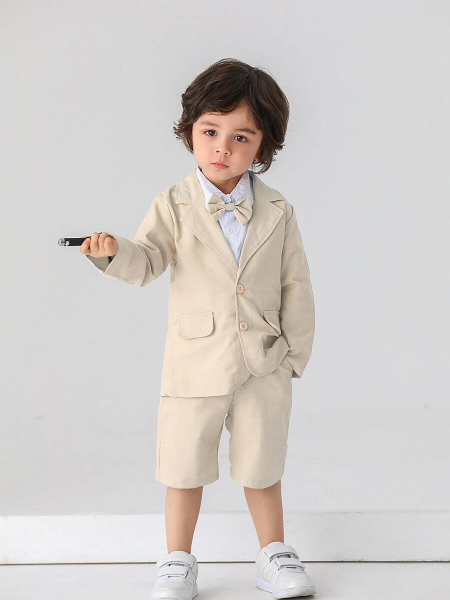 BOARNSEORL 2 件套男婴绅士西装套装：带蝴蝶结的西装外套和裤子，适合生日派对、正式场合、婚礼 - 杏色 - 查看 1