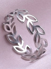 304不銹鋼簡約風樹葉戒指,可調節,鏤空設計,簡約風格DIY首飾配件