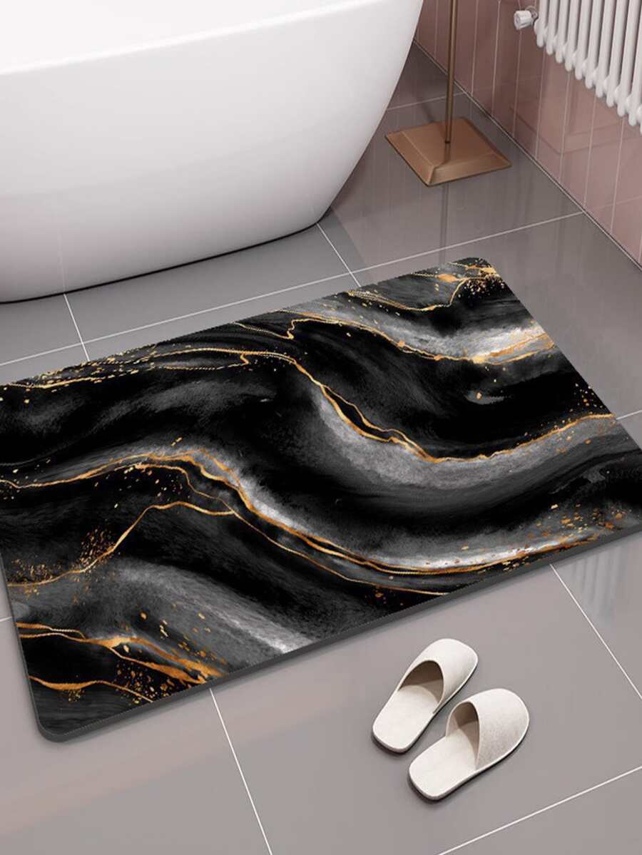 1 pieza PC Alfombra de baño , modernista con patrón de mármol antideslizante Alfombrilla de baño para casa - Negro - Ver 1
