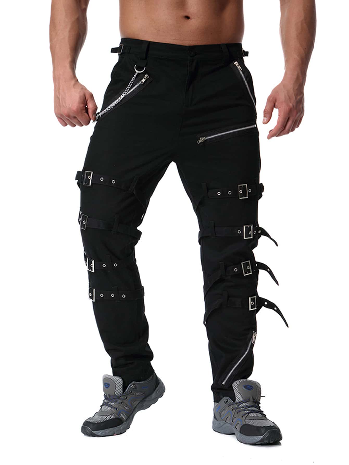 TRGPSG Men's Fashion Hiphop Rock Punk Gothic Pants Techwear Sport Hiking Riding Cotton Cargo Pants - 黑色 - 查看 1