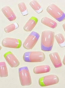 Nâng tầm phong cách của bạn với 24 chiếc Macaron Pháp Mẹo dài vuông hai tông màu Full Cover Bộ móng tay giả - Nhiều màu - Xem 3