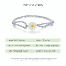 1入組真實925純銀自然白色貝殼迷人雛菊編繩手鏈適合女士可愛花鏈接女孩生日首飾類