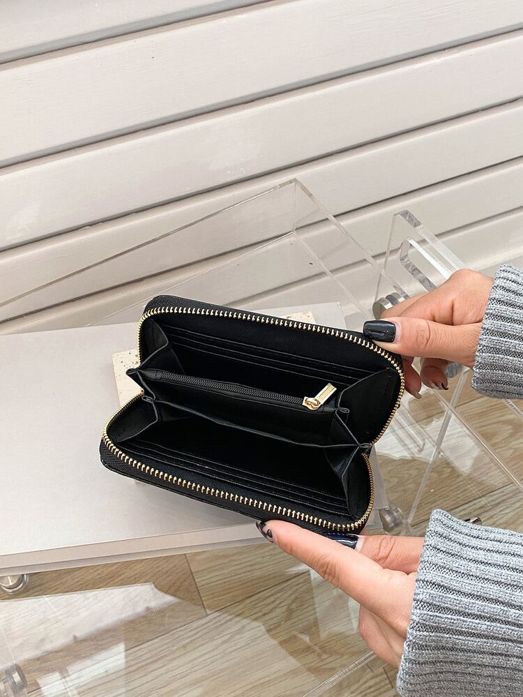 Stylish And Lightweight Women's Stone Pattern Embossed Long Wallet With Zipper Closure - Black - View 4