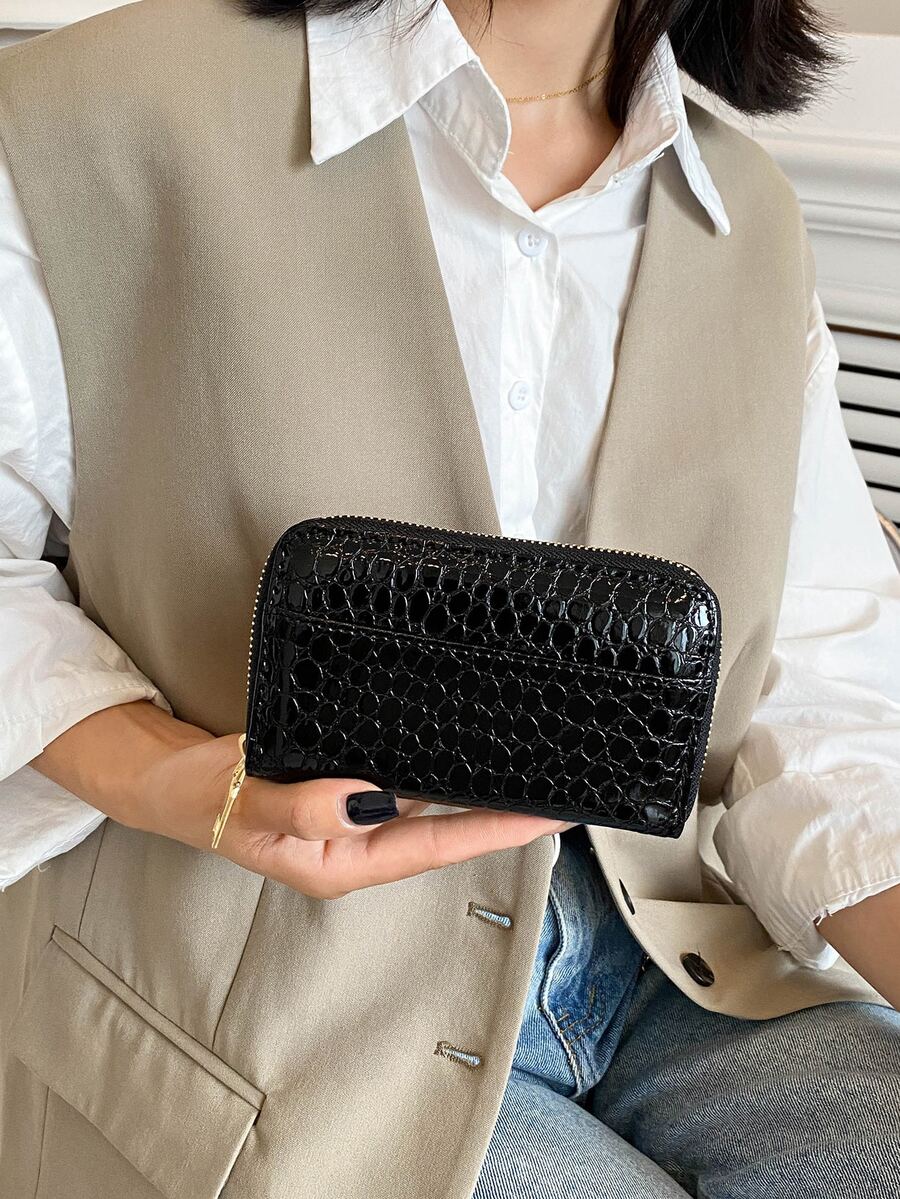 時髦和輕便女士石紋壓花長款錢包帶拉鍊閉合 - 黑色 - 查看 1