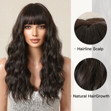 天然假髮女式長發全頭套新款時尚大波浪中長捲髮假髮高溫合成纖維假髮，持久，不纏結耐熱，吹乾捲曲，耐用造型，這款時尚假髮立即變得時尚，擁抱長發 - Dark Brown - 查看 3