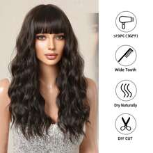 天然假髮女式長發全頭套新款時尚大波浪中長捲髮假髮高溫合成纖維假髮，持久，不纏結耐熱，吹乾捲曲，耐用造型，這款時尚假髮立即變得時尚，擁抱長發 - Dark Brown - 查看 5