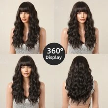 天然假髮女式長發全頭套新款時尚大波浪中長捲髮假髮高溫合成纖維假髮，持久，不纏結耐熱，吹乾捲曲，耐用造型，這款時尚假髮立即變得時尚，擁抱長發 - Dark Brown - 查看 4