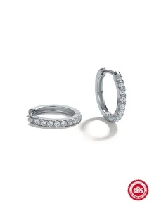 1 S925 Bạc Đôi Khuyên Tai Vòng Vàng Bạc Màu Hình Học Tròn Micro Dát Đá Cubic Zirconia Đôi Khuyên Tai Vòng Tối Giản Trang Sức Viễn Chí Bảo - Bạc - Xem 5