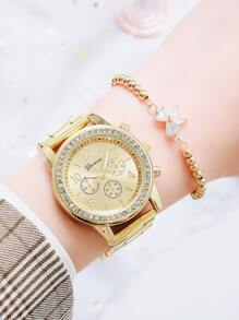 1入組女士石英表帶水鑽裝飾用品+1入組手環 - 金色 - 查看 1