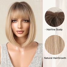 12 英寸女式齊肩波浪棕色鮑勃假髮，帶劉海，高溫合成纖維假髮，耐用造型，不纏結，非常適合日常佩戴自然逼真外觀，持久，機緯合成頭髮，這款耐熱假髮呈現自然外觀，適合日常使用，假髮 - 摩卡棕 - 查看 2