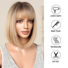 12 英寸女式齊肩波浪棕色鮑勃假髮，帶劉海，高溫合成纖維假髮，耐用造型，不纏結，非常適合日常佩戴自然逼真外觀，持久，機緯合成頭髮，這款耐熱假髮呈現自然外觀，適合日常使用，假髮 - 摩卡棕 - 查看 3