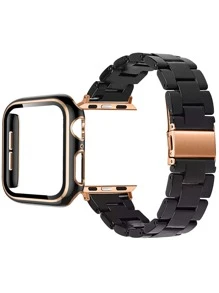 2-in-1 stilvoller Damen Uhrenarmband und Uhrenscbutzgehäuse Set - Leichtgewichtige PC Harz Rose Gold Metallschnalle, farbenfroher Mädchen schwarzer Armband und PC Hartmaterial eingebettet mit Rosegold Rahmen mit Bildschirmschutz, kratzfest und staubdicht, kompatibel mit Ultra 3 2 1 Serie SE/10/9/8/7/6/5/4/3, 38mm/40mm/41mm/42mm/44mm/45mm/46mm/49mm Smartwatch Zubehör - Schwarz - Übersicht 2