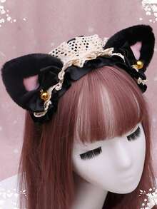 毛茸茸貓耳裝飾立體髮箍 - 黑色 - 查看 2