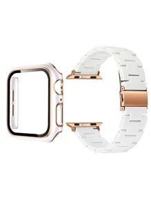 2pcs/Set Women's Watch Band & Screen Protector Case Compatible With Apple Watch Series 1-10, SE - Light PC Resin Rose Gold Metal Buckle Band + PC Hard Frame Rose Gold Edge Screen Protector For Anti-Scratch & Anti-Dust, Compatible With All Apple Watch Series - White - View 5
