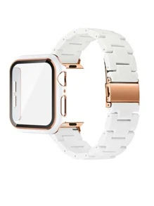 2pcs/Set Women's Watch Band & Screen Protector Case Compatible With Apple Watch Series 1-10, SE - Light PC Resin Rose Gold Metal Buckle Band + PC Hard Frame Rose Gold Edge Screen Protector For Anti-Scratch & Anti-Dust, Compatible With All Apple Watch Series - White - View 2