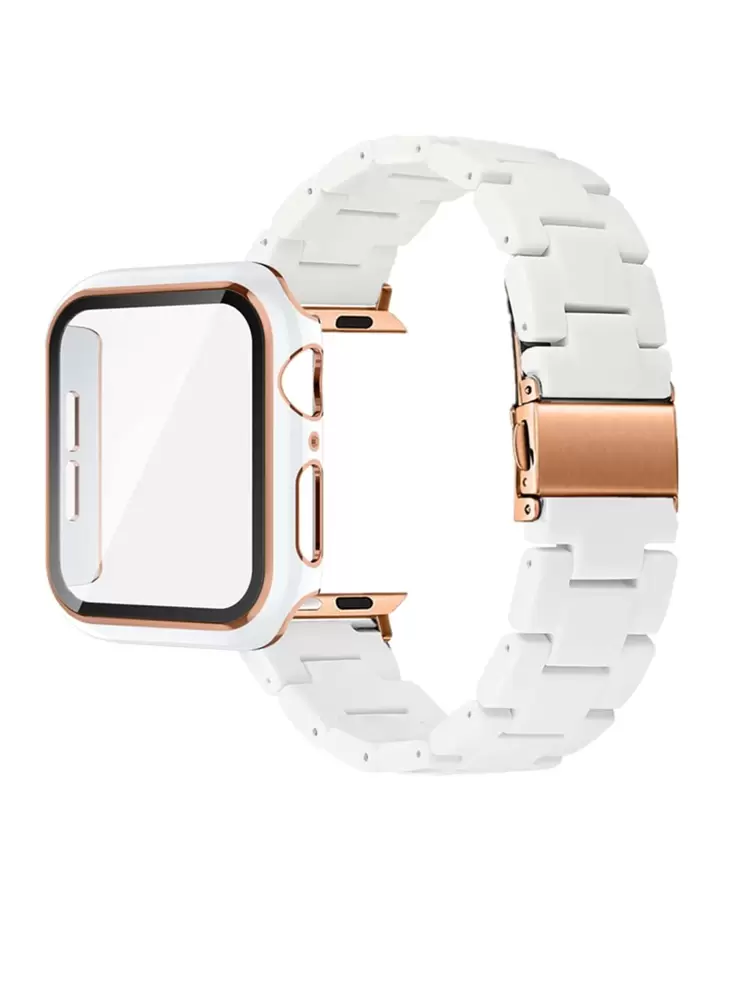 2pcs Set Women's Compatible Band And Watch Case 2-In-1 Screen Protector Lightweight Fashion Girl White Band 40 41 44 45 46mm And PC Hard Material Inlaid Rose Gold Frame With Screen Protector Protect Watch Anti-Scratch Anti-Dust Protective Case Series SE/10/9/8/7/6/5/4, PC Resin Band Watch Protective Case Lightweight Fashion Adjustable Rose Gold Stainless Steel Buckle Bracelet Women's Global Hot-Selling New Style Wristband - White - View 2
