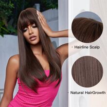 多色選項，24 英寸，劉海，長直發假髮，具有逼真機制合成纖維日常假髮，高溫合成纖維假髮，耐用造型，不纏結，非常適合日常佩戴，自然逼真外觀，持久，耐熱設計，模仿真實頭皮佩戴方便，瞬間長發這款高溫合成纖維假髮非常適合尋求日常、時尚外觀、假髮女士 - 棕色 - 查看 2