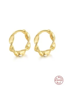 1 Pair 925 Sterling Silver Ear Buckle Snake Twisted Round Circle Hoop Earrings 18K Gold Plated  Classic Fine Jewelry For Women Man Daily Wear Wedding Party Engagement Anniversary Valentine's Day - Gold - View 4