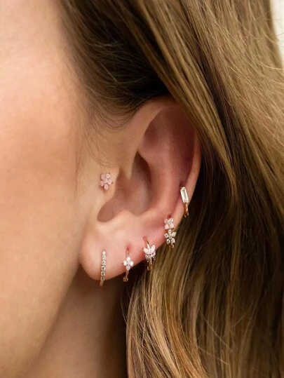 6入組/套時尚銅方晶鋯石花蝴蝶裝飾耳環適合女士日常裝飾