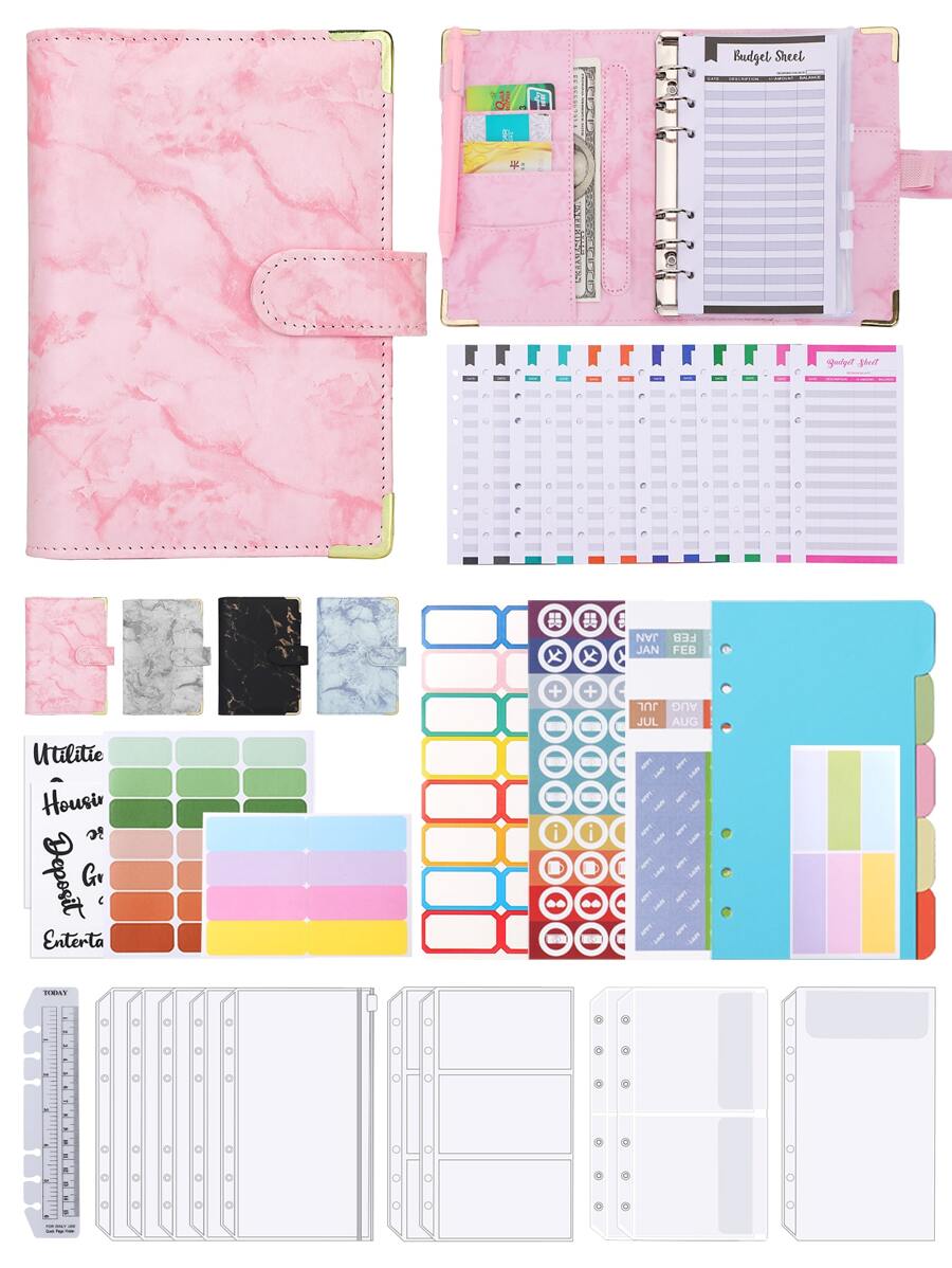 38 件 A6 PU 皮革预算夹笔记本钱包整理器，带现金信封、预算表、自粘标签、文具用品、返校、学校用品、储蓄计划、双周储蓄计划、10000 储蓄计划、储蓄策略 - 粉色 - 查看 1