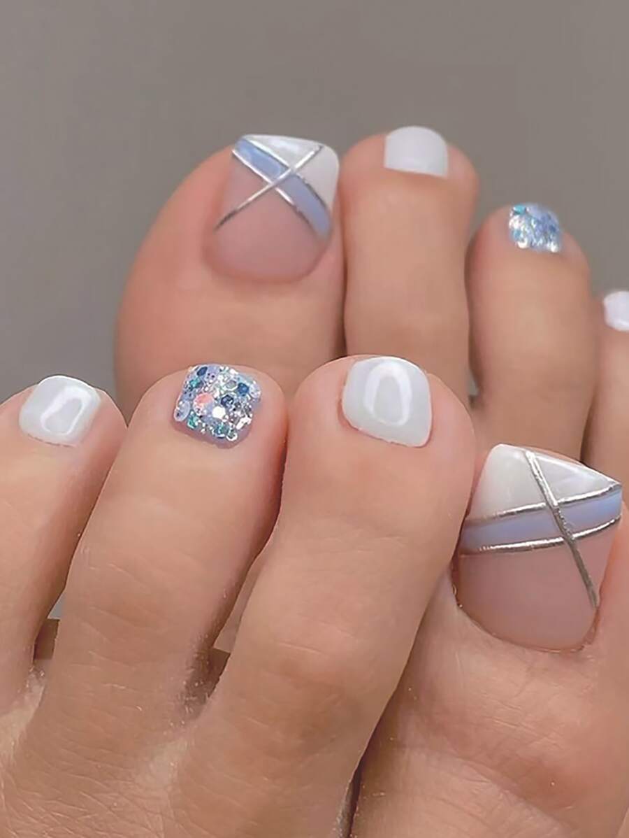 Nâng tầm phong cách của bạn với bộ 24 móng chân ngắn vuông kiểu Pháp màu xanh và trắng có đính kim tuyến, bao gồm 1 gel thạch, 1 dũa móng, thích hợp cho các bữa tiệc, sự kiện mùa hè và trang phục hàng ngày Dụng cụ làm móng - Nhiều màu - Xem 1