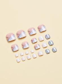 Nâng tầm phong cách của bạn với bộ 24 móng chân ngắn vuông kiểu Pháp màu xanh và trắng có đính kim tuyến, bao gồm 1 gel thạch, 1 dũa móng, thích hợp cho các bữa tiệc, sự kiện mùa hè và trang phục hàng ngày Dụng cụ làm móng - Nhiều màu - Xem 3