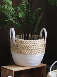 1入組手工草編花籃子,北歐風格編織柳條播種機鍋,家庭客廳陽台裝飾用品 - 彩色 - 查看 1