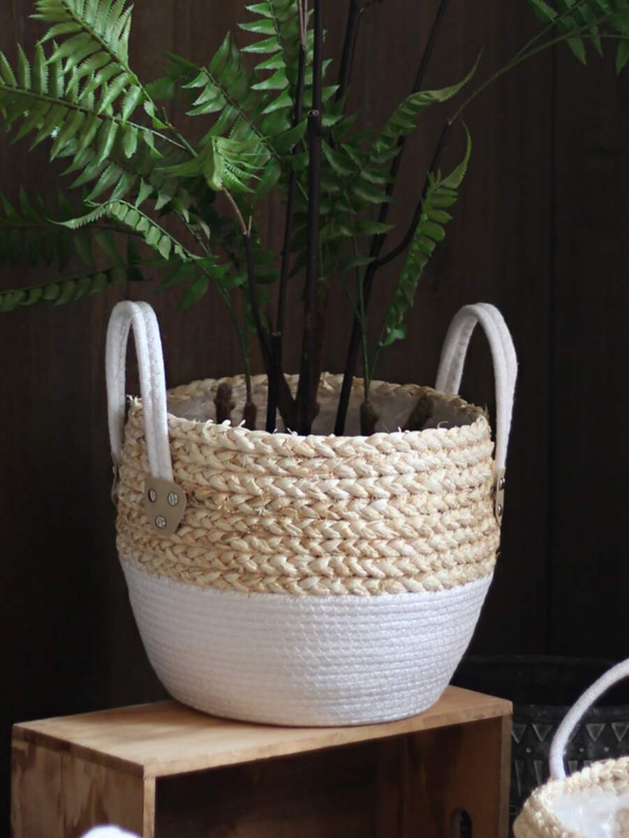 1入組手工草編花籃子,北歐風格編織柳條播種機鍋,家庭客廳陽台裝飾用品 - 彩色 - 查看 1