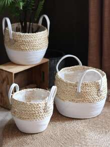 1入組手工草編花籃子,北歐風格編織柳條播種機鍋,家庭客廳陽台裝飾用品 - 彩色 - 查看 5